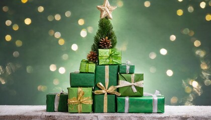 Creative arrangement of green Christmas presents and gifts stacked into a festive Christmas tree shape, adorned with ribbons, bows, and ornaments to create a holiday-inspired decoration.