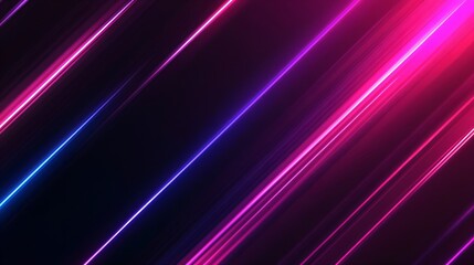 Neon light streaks on dark background. Bright pink and blue glowing diagonal lines. Modern abstract design for nightclub, party, gaming or tech concept. Dynamic background with copy space