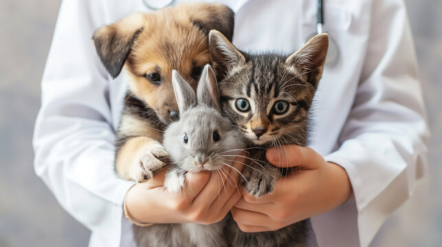 Veterinarian Holding Pets. A veterinarian in a white coat holds a puppy and cat and rabbit showcasing care and companionship in animal healthcare - Powered by Adobe
