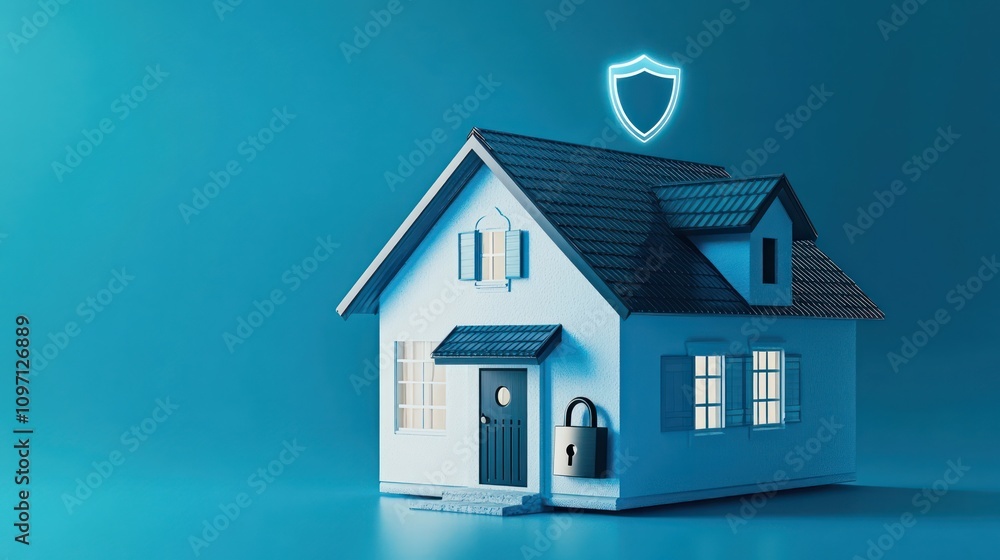 Poster a house with a padlock on the front door and a shield icon hovering above, symbolizing property insu