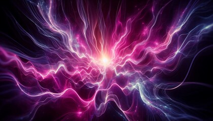 Fototapeta premium Energy waves rippling in glowing pinks and purples over black void