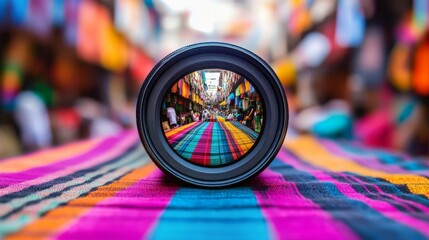 Lens reflecting a colorful marketplace, capturing the vibrancy of life around it, lens market reflection, cultural immersion