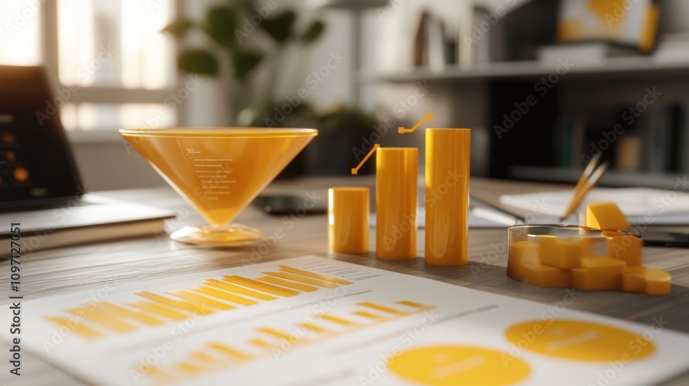 Aufkleber A workspace featuring yellow data visualizations and documents for analysis.