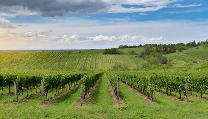 Fototapeta na wymiar Expansive green field with meticulously cultivated rows of vines, showcasing ripe grapes at the peak of maturity, destined for harvesting and crafting into premium quality fine wines.