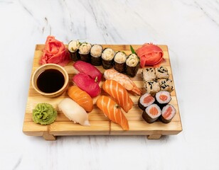 A traditional Japanese sushi platter with a variety of nigiri, sashimi, and maki rolls, garn