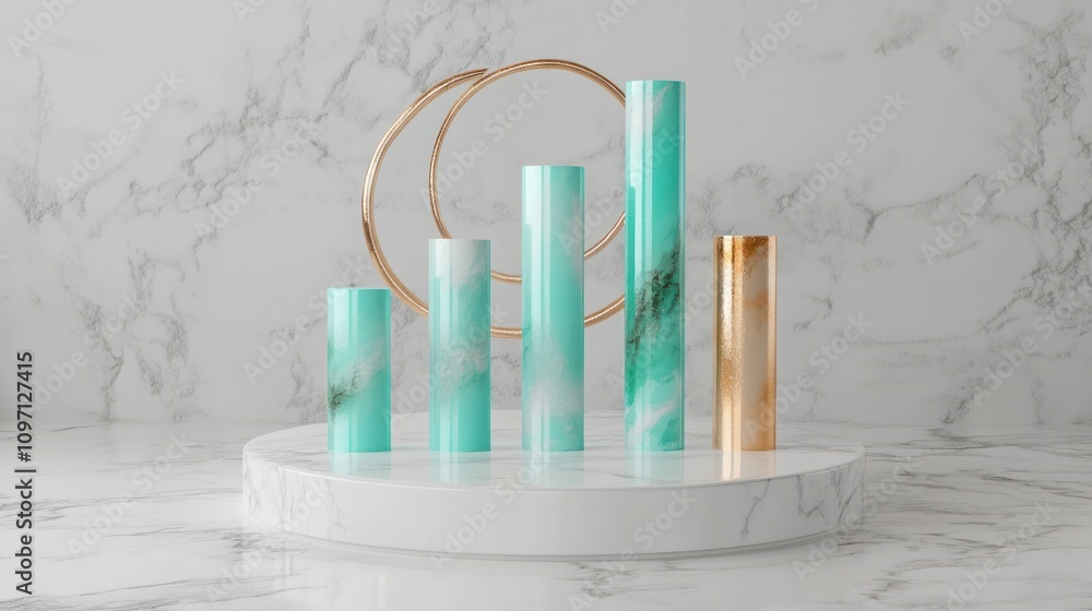 Poster A minimalist display featuring cylindrical vases in teal and gold against a marble backdrop.