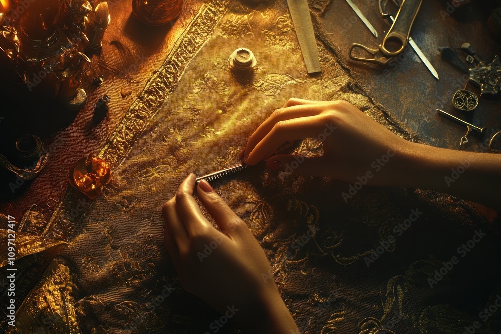 Aufkleber Hands crafting intricate details on a textured surface, surrounded by various tools and objects.