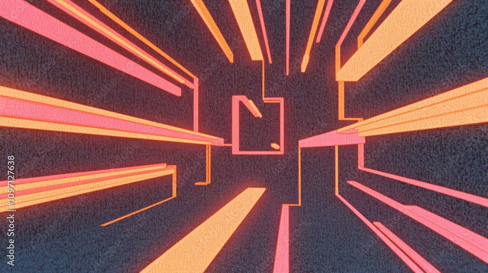 Aufkleber retro neon geometric abstract tunnel with pink and orange rays. futuristic perspective corridor desi