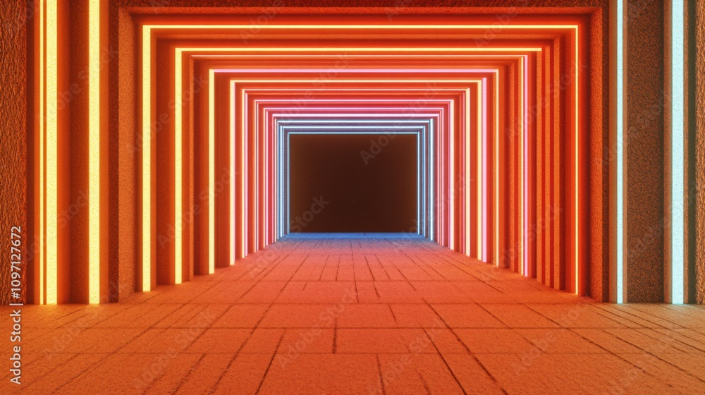 Aufkleber orange neon tunnel with geometric light frames. modern futuristic corridor with glowing rectangular 