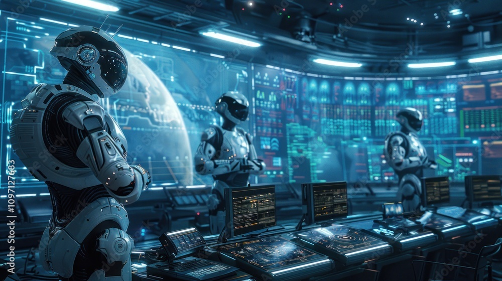 Poster futuristic robots monitoring earth on large screens in a control room.