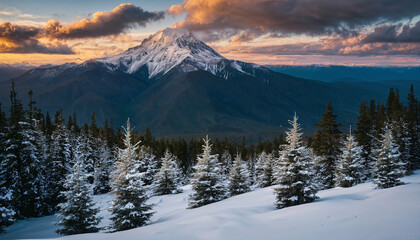 Obraz premium Majestic snow-capped peak glows at sunset, winter wonderland scene