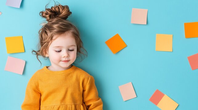 Happy little girl in yellow dress lying on turquoise background with colorful sticky notes. Cheerful kid surrounded by paper memo squares. Creative childhood concept for education design