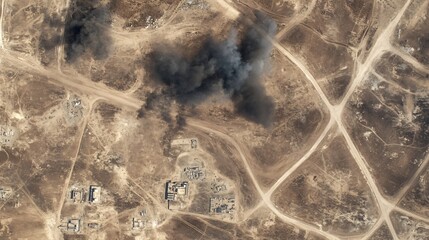 Aerial view of military attack aftermath with smoke rising from desert terrain. Satellite image showing damaged buildings and infrastructure. War zone landscape with visible destruction and copy space