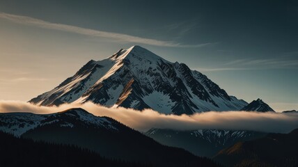Majestic snow-capped mountain peak at sunset, clouds below.