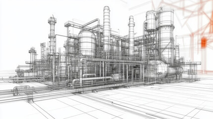 Fototapeta premium A detailed wireframe sketch of industrial equipment, showcasing both visible and invisible line layers, emphasizing structural components and mechanical elements in a layered design.