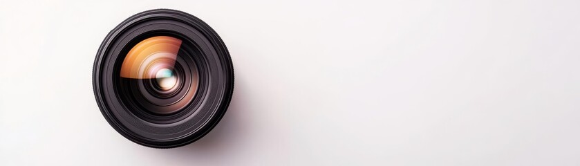 Minimalistic lens with laser-cut engravings, placed on a clean white background for focus, minimal engraved lens, pure precision