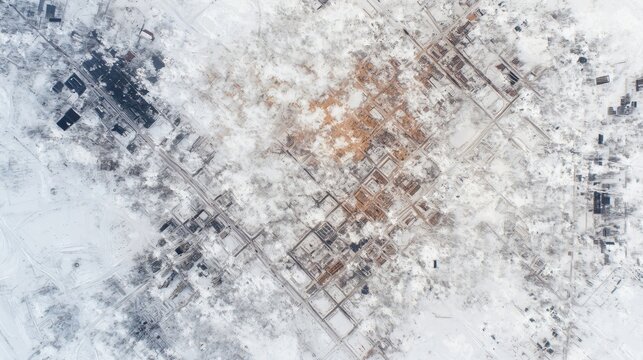 Aerial winter view of snow covered agricultural fields and rural landscape from above. Abstract geometric patterns in white and brown colors. Satellite photography for map or banner