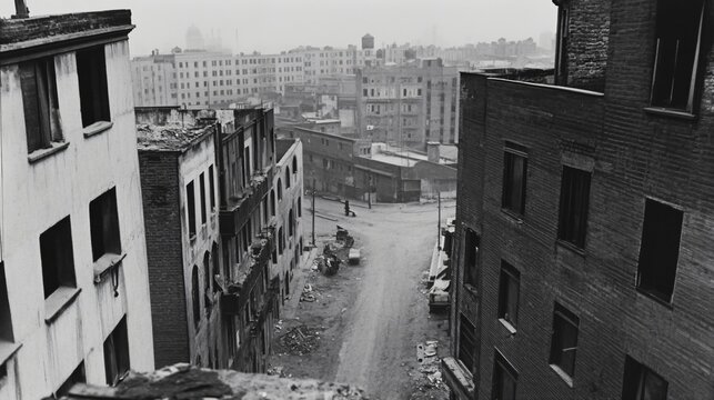 Fototapeta Historic urban landscape view of New York City street in 1940s. Black and white photograph showing brick buildings, empty road and industrial cityscape with vintage architecture