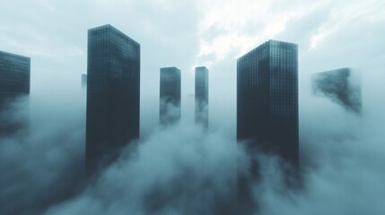 Fototapeta premium Dark skyscrapers in morning fog. Modern city buildings surrounded by mysterious mist. Urban landscape with tall towers in clouds. Moody atmospheric cityscape for business concept