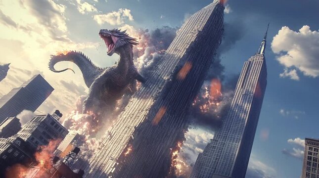 Massive dragon attacking a modern skyscraper in a dramatic fantasy cityscape  
Seamless looping 4k time-lapse virtual video animation Generated AI