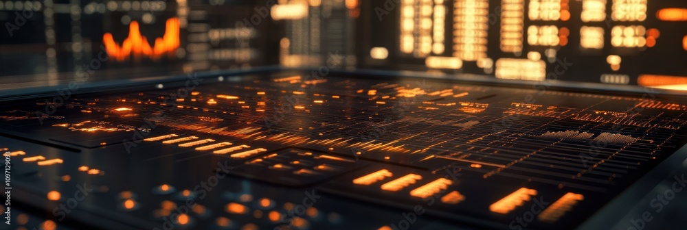 Poster a futuristic control panel with glowing data displays and graphs.