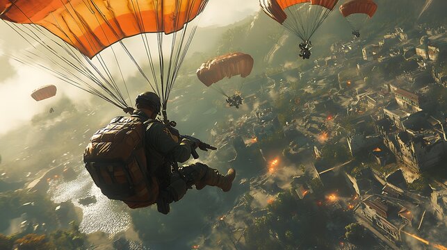 Video game scene Parachute falling into the chaos island,