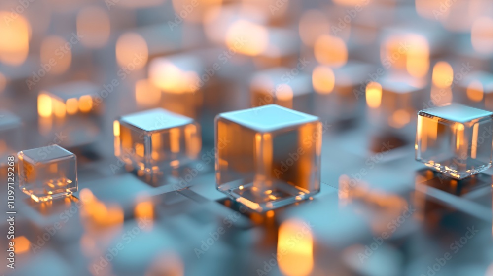 Aufkleber glowing transparent cubes on blue surface with golden bokeh lights. abstract technology background w