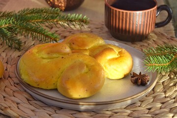 Saffron buns.  Traditional Swedish pastries.
