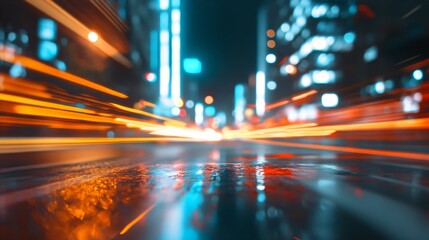 Dynamic urban night street with light trails and reflections on wet asphalt. Blurred city lights in blue and orange. Modern cityscape with motion effect. Abstract background for banner design