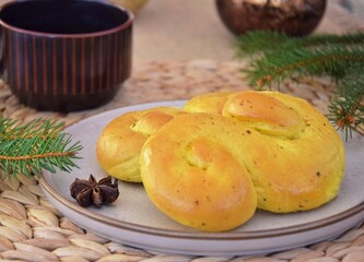 Saffron buns.  Traditional Swedish pastries.