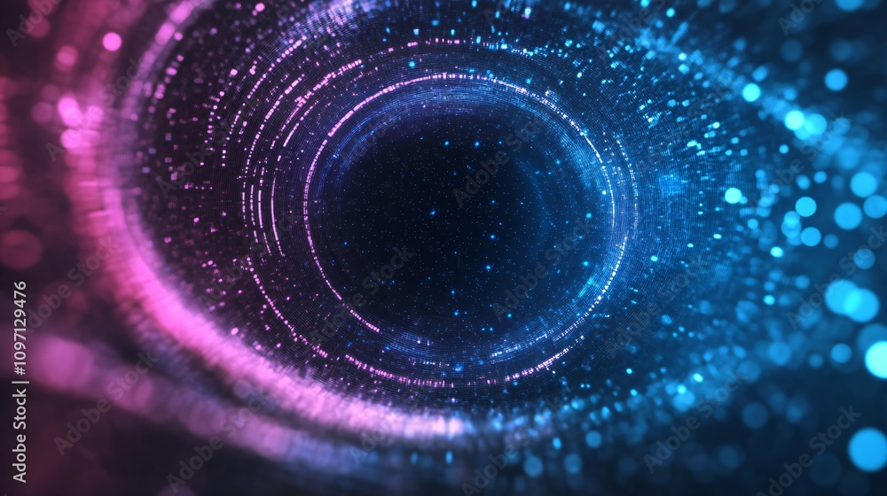 Poster abstract cosmic tunnel with glowing pink and blue particles. digital space vortex with bokeh light e