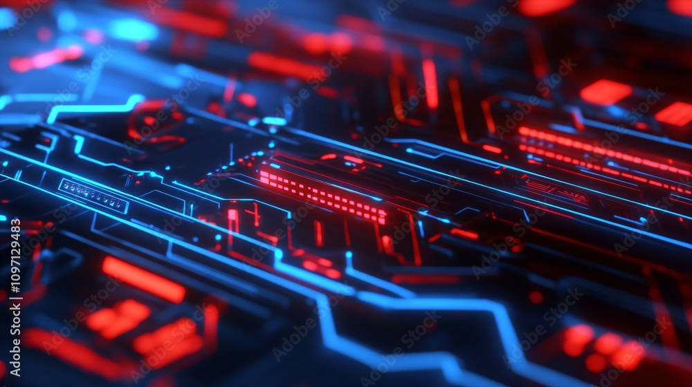 Aufkleber digital circuit board with glowing red and blue neon lights. modern technology background with elect
