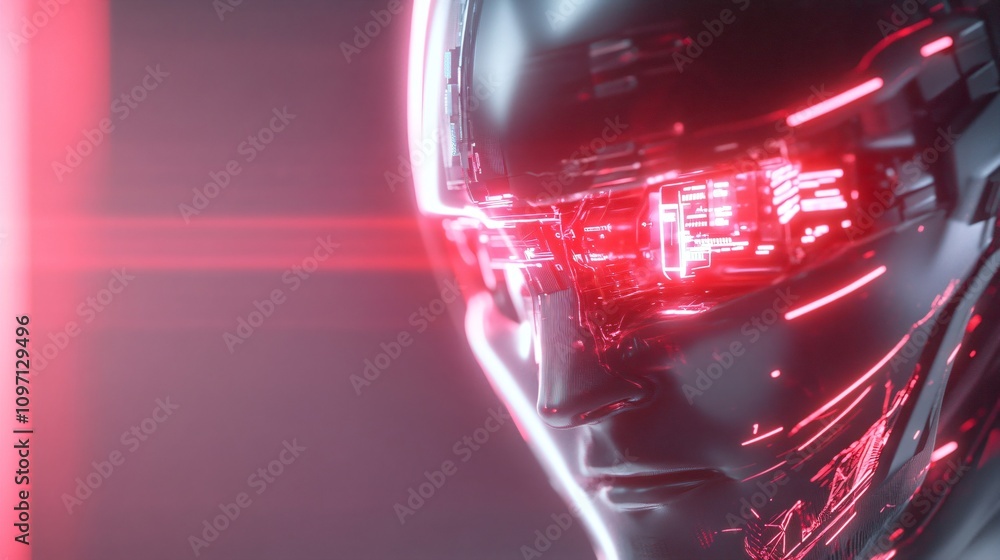 Aufkleber futuristic cyborg head with glowing red neon lights. robot face in dark background. artificial intel