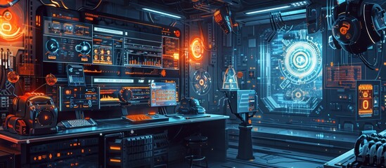 Futuristic control room with advanced technology and glowing interfaces.