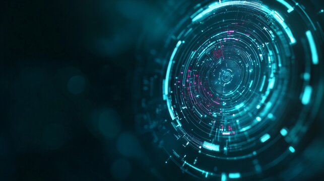 Futuristic digital technology circle interface in dark turquoise and pink colors. Abstract tech background with glowing circular HUD elements. Modern cyber design for presentations and banners with co