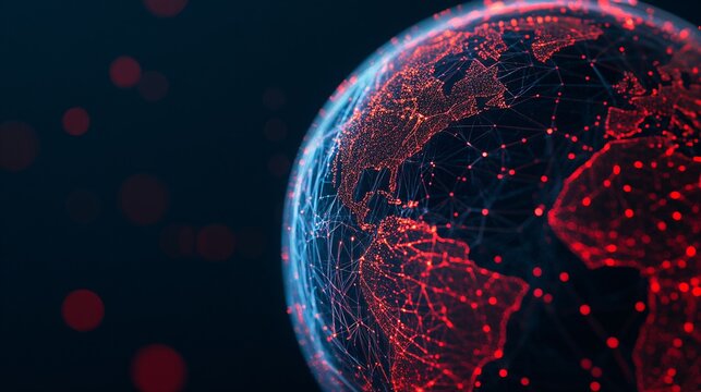 Digital planet Earth with glowing red network connections on dark background. Global technology, communication and data concept. Modern tech visualization for business presentation