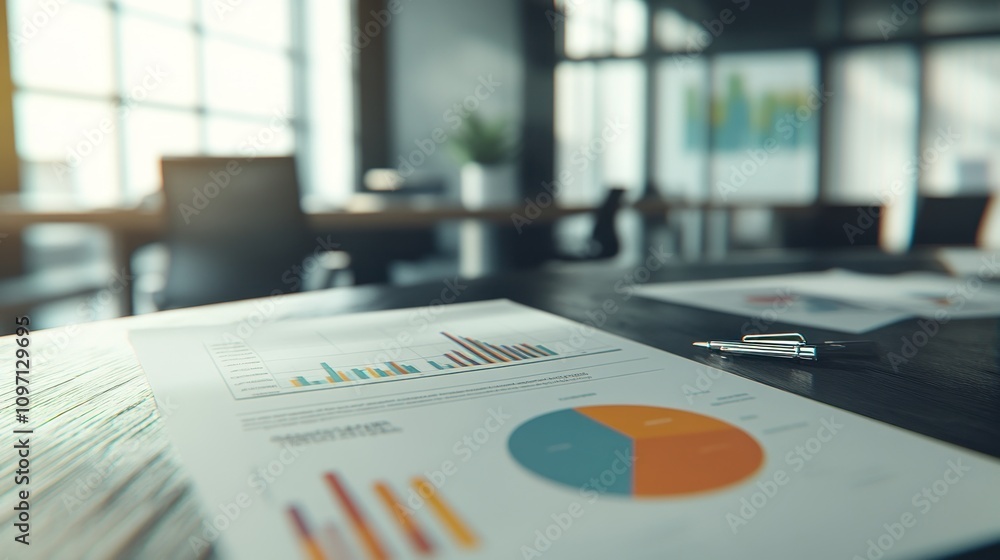 Poster A business workspace featuring reports with graphs and charts on a wooden table.