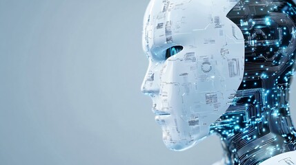Futuristic artificial intelligence robot head profile with glowing digital particles. Technology concept for machine learning, AI, and automation. Modern tech background with copy space