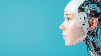 Woman cyborg profile with metallic details on blue background. Artificial intelligence concept. Future technology, robotics and human enhancement. Science banner with copy space