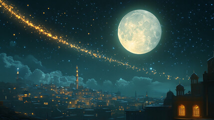 Naklejka premium Majestic full moon illuminates the night sky above a tranquil cityscape, with a radiant trail of light streaking across