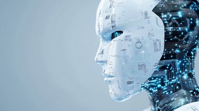 Futuristic artificial intelligence robot head profile with glowing digital particles. Technology concept for machine learning, AI, and automation. Modern tech background with copy space