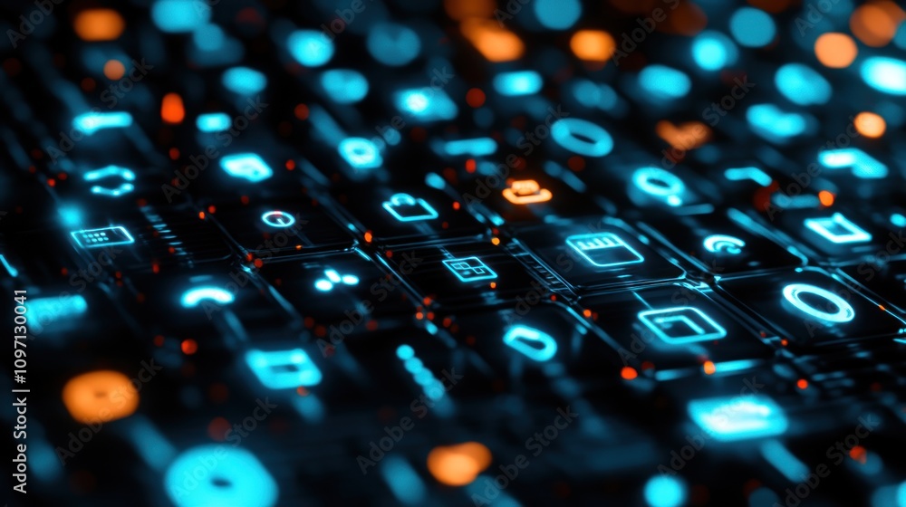 Poster abstract futuristic interface glowing neon icons display