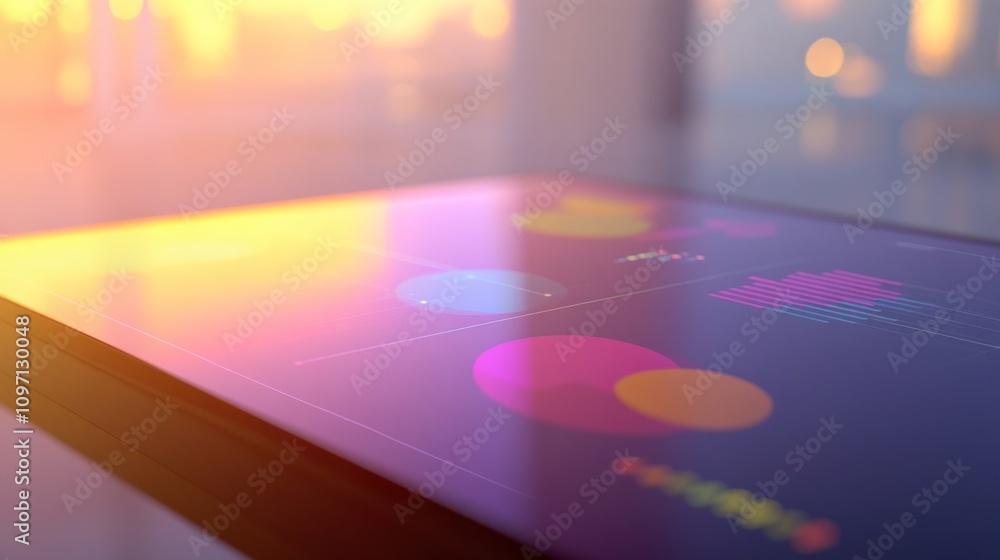 Poster A digital display showing colorful data visualizations with a soft, glowing background.