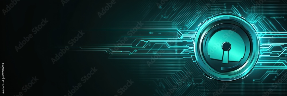 Poster a digital lock symbol on a circuit-like background, representing cybersecurity and protection.