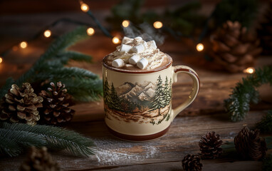 Mug with hot cocoa and marshmallows in festive decor