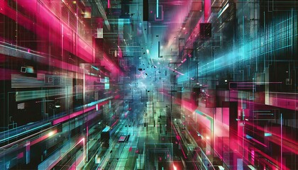 Obraz premium Glitch style background with distorted neon lines and fragmented shapes in motion