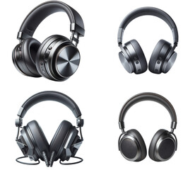 Four Different High-End Over-Ear Headphones Showcasing Various Designs and Features isolated on transparent and white background