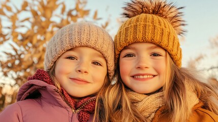 Two joyful children in winter knit hats and scarves enjoying sunny autumn day outdoors. Golden hour portrait against fall foliage. Seasonal fashion and lifestyle concept with copy space