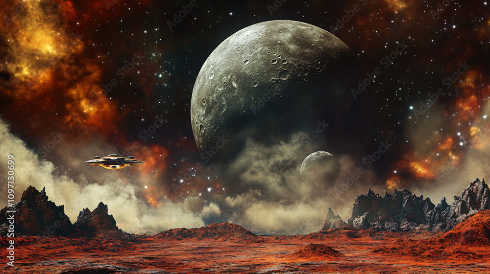 Poster spaceship exploring a red rocky planet with large moon, nebula and stars in the background