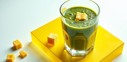 Fototapeta premium Green smoothie with cheese cubes on yellow surface